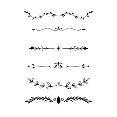 Text dividers doodle set. Wedding decorative elements with leaves, swirls, hearts. Divider ornament, borders, lines. Hand drawn vector illustration isolated on white background
