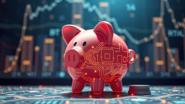 Digital savings concept with piggy bank and circuit board design, financial technology