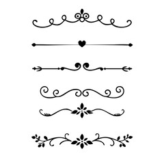 Fototapeta premium text dividers doodle set. Wedding decorative elements. Divider ornament, borders, floral, vintage line separators. Hand drawn vector illustration isolated on white background. Set page dividers. 