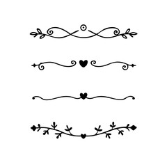 text dividers doodle set. Wedding decorative elements. Divider ornament, borders, floral, vintage line separators. Hand drawn vector illustration isolated on white background. Set page dividers.	