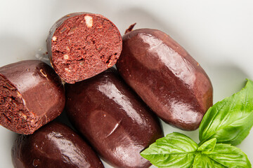 Black pudding sausage fresh delicious gourmet food background on the table rustic food top view copy space