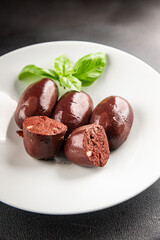 Black pudding sausage fresh delicious gourmet food background on the table rustic food top view copy space
