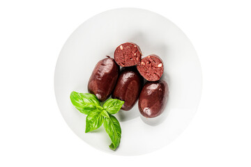 Black pudding sausage fresh delicious gourmet food background on the table rustic food top view copy space