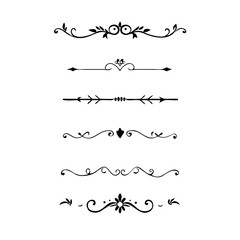 text dividers doodle set. Wedding decorative elements. Divider ornament, borders, floral, vintage line separators. Hand drawn vector illustration isolated on white background. Set page dividers.	