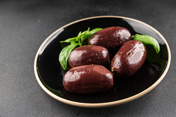 Black pudding sausage fresh delicious gourmet food background on the table rustic food top view copy space