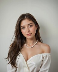 Elegant Young Woman with Long Hair and Pearl Jewelry Portrait