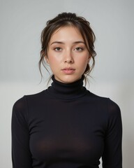 Young Woman with Natural Makeup in Black Turtleneck Sweater