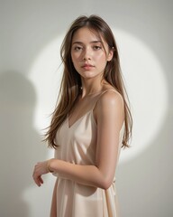 Elegant Woman in Soft Lighting Posing Gracefully in Neutral Dress