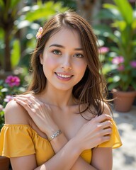 Young Woman with Flower in Hair Posing in Tropical Garden Setting