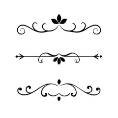Text dividers doodle set. Wedding decorative elements with leaves, swirls, hearts. Divider ornament, borders, lines. Hand drawn vector illustration isolated on white background
