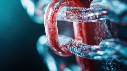 An abstract close-up of interconnected chain links with a glowing red digital design, symbolizing technological advancement, connectivity, and the future of cybersecurity.