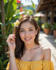 Young Woman Smiling in Outdoor Setting with Yellow Off-Shoulder Top