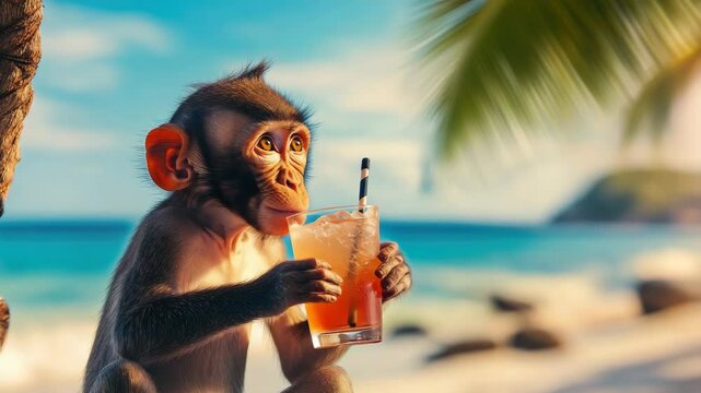 monkey with cocktail on tropical beach in summer animation
