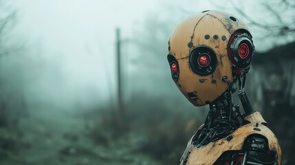 A futuristic robot stands alone in a fog-shrouded landscape, its expressive features and glowing eyes evoke themes of technology, isolation, and the potential future of humanity.