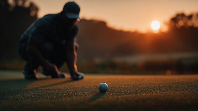 Kneeling to align the perfect putt as the sun sets over the serene golf course landscape