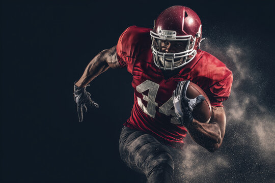 A football player in a red jersey with the number 44 on it is running with a football. The image has a dark background and a sense of motion