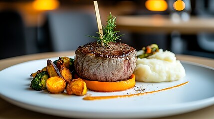 Pan-seared filet mignon with creamy mashed potatoes, roasted vegetables, and a citrus garnish