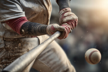 A baseball player is holding a bat and preparing to hit a ball. The scene is captured in a moment of anticipation and excitement, as the player is focused on the incoming pitch
