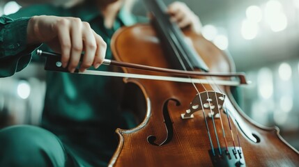 Fototapeta premium A musician gracefully plays the cello, absorbed in melody, surrounded by a soft, intimate atmosphere that enhances the emotional depth of the performance.