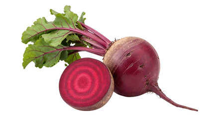 Fresh beetroot with green leaves and cut half displaying interior  