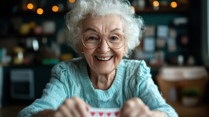 A joyful elderly woman with curly white hair and glasses smiles brightly while holding a deck of playing cards, capturing a moment of happiness and connection.