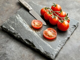 Tomato on lovely black stone with knife on the side.