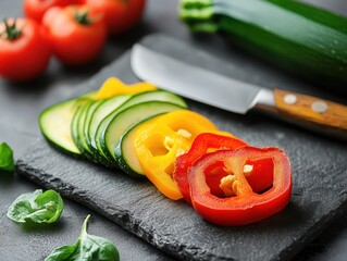 Pepper, cucumber and tomato on lovely stone desk with knife on the side.