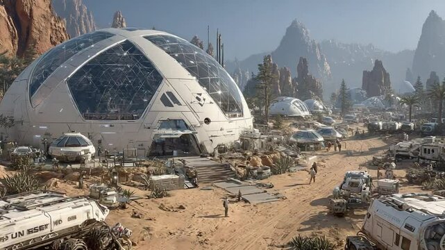 Futuristic outpost on a desert planet with dome structures and advanced vehicles landscape