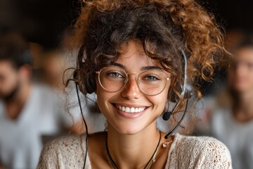 Smiling curly-haired woman working in a call center with headset