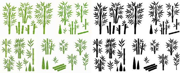 Vector Set Cartoon bamboo. Asian forest plant with branches and leaves, green bamboo sprouts, Chinese or Japanese flora flat vector illustration set. Bamboo plant collection  and silhouette © Pandaman1102