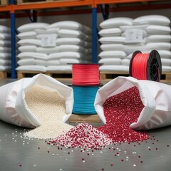 Red and  pearl plastic pellets in an open bags with reels of filament for 3D printing on the background of a warehouse with a pallets of raw material