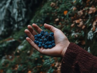 Woman's hand holding an blueberries.