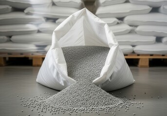 Gray plastic pellets in an open bags on the background of a warehouse with a pallets of raw material