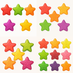 Vector Set Fruity gummy candies. Jelly star shape sweets, delicious chewy sweets with various flavors flat vector illustration set. Cartoon jelly sweets and silhouette