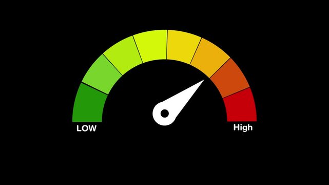 Low and High speedometer icon or sign of different colors with arrow Risk or successes concept. Expressive Meter, Tachometer or Speedometer Animations. Explore Emotions from Low to High.
