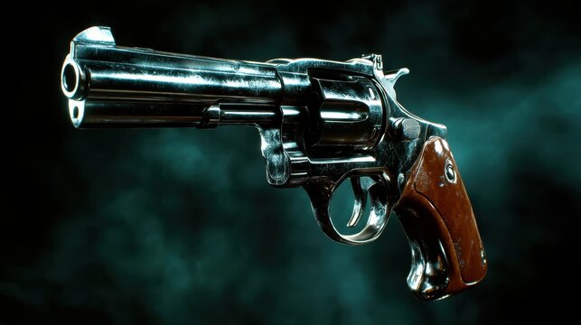 A close-up image of a shiny revolver set against a dark, moody background with a blue ambiance, evoking feelings of mystery and intrigue.