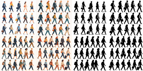 Vector Set Walking people. Men and women going to office, shopping or walking, pedestrians walk, student, businessman or tourist walk together flat vector illustration set and silhouette