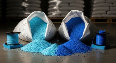 Blue plastic pellets in an open bags with reels of filament for 3D printing on the background of a warehouse with a pallets of raw material