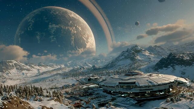 Futuristic outpost on a snowy mountain landscape with a ringed planet in the sky