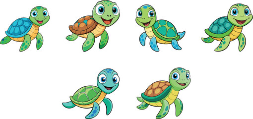 Happy turtle cartoon set vector illustration