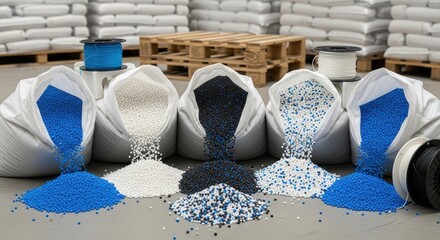 Blue, black and white plastic pellets in an open bags with reels of filament for 3D printing on the background of a warehouse with a pallets of raw material