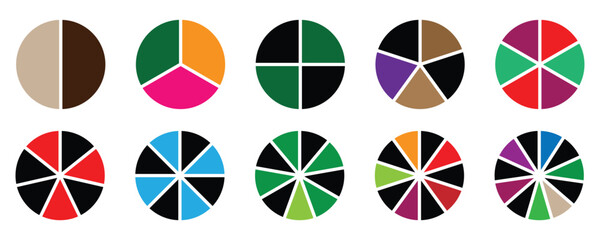 Pie charts diagrams Circle diagram collection with sections or parts. Colorful diagram collection with, 1 to 12 sections. Vector illustration isolated on white background. 
