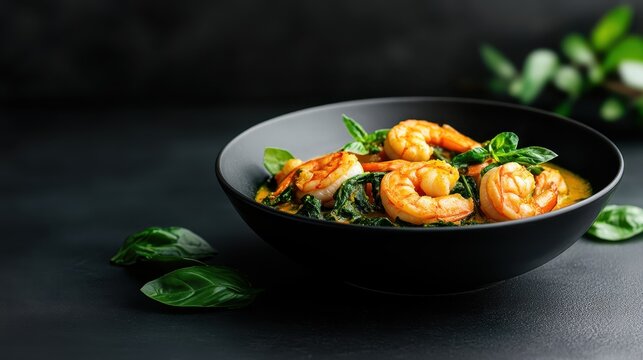 A mouthwatering dish of shrimp served with fresh greens, beautifully presented against a dark backdrop, highlighting culinary artistry and the joy of fine dining. - Powered by Adobe