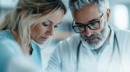 In a warm clinical setting, two healthcare professionals are deeply engaged in discussing a patient case, highlighting teamwork and the dedication of modern medicine.