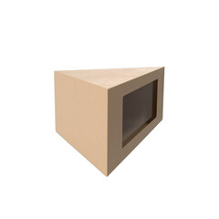 A 3D representation of a triangular cardboard box with a transparent window.