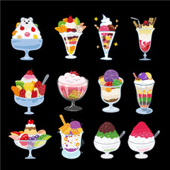 Sticker design themed around fresh and sweet desserts, namely ice mixed with various flavors of syrup, toppings, fruit and so on