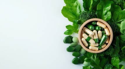 This fresh image features a wooden bowl filled with vibrant green supplements surrounded by healthy greens, promoting wellness, nutrition, and a healthy lifestyle ethos.