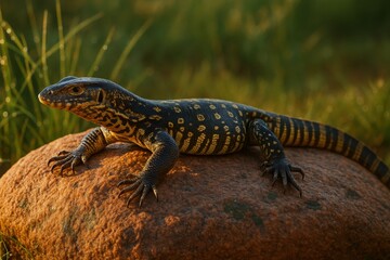 Fototapeta premium Bengal monitor lizard basking on sunlit red granite rock with detailed skin pattern in grassy outdoor habitat