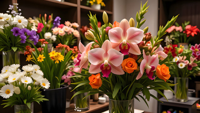 Colorful flower arrangements in a shop with various blooms   - Powered by Adobe