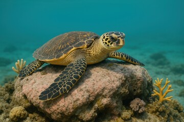 Obraz premium Sea turtle resting on coral rock underwater surrounded by yellow sea plants and clear blue ocean